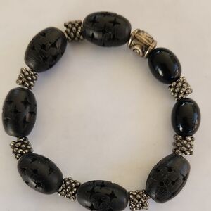 Black Beaded Stretch Bracelet with Silvertone Accents Stone Beads